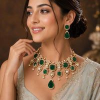 Emerald Green Stone Choker Necklace Set for Women