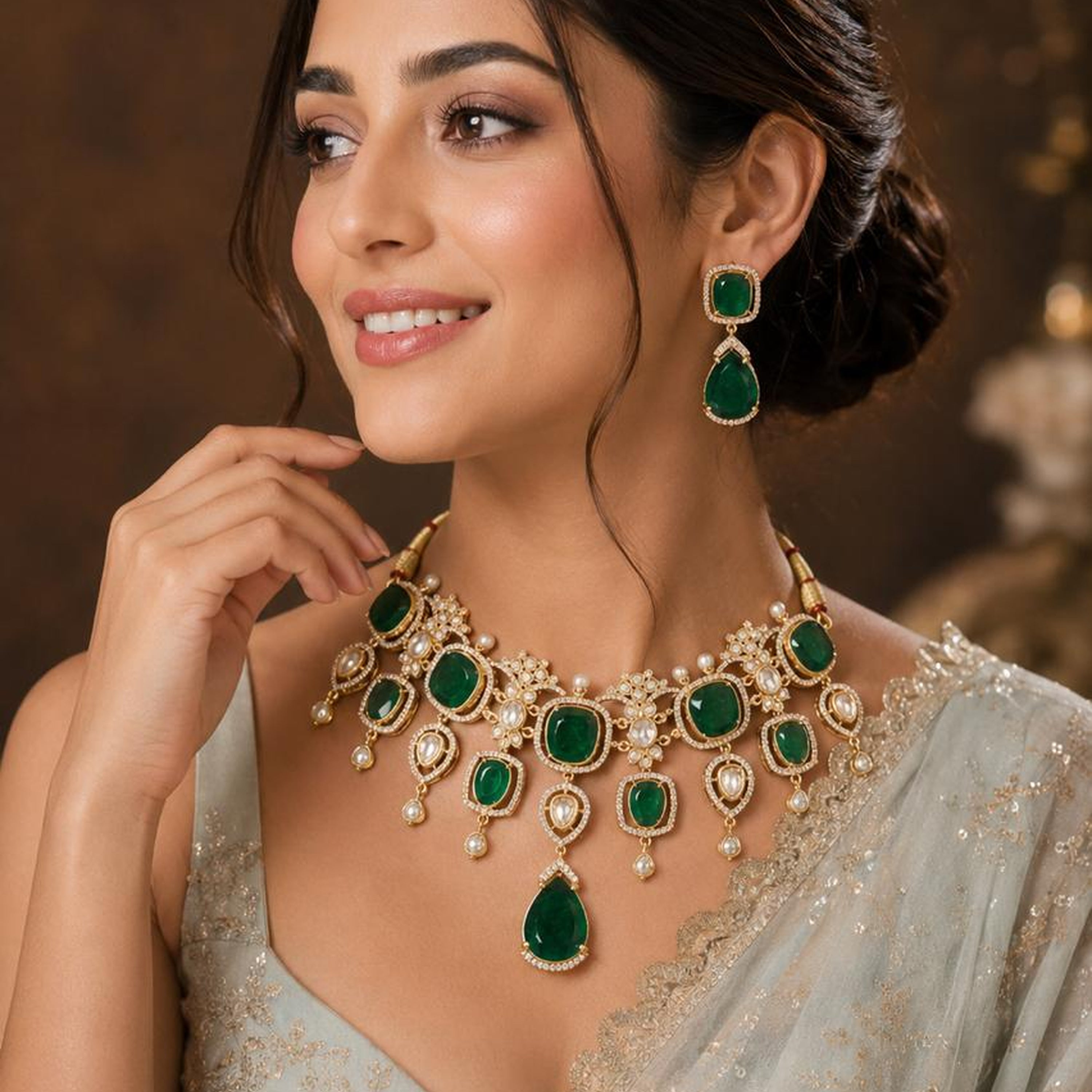 Emerald Green Stone Choker Necklace Set for Women