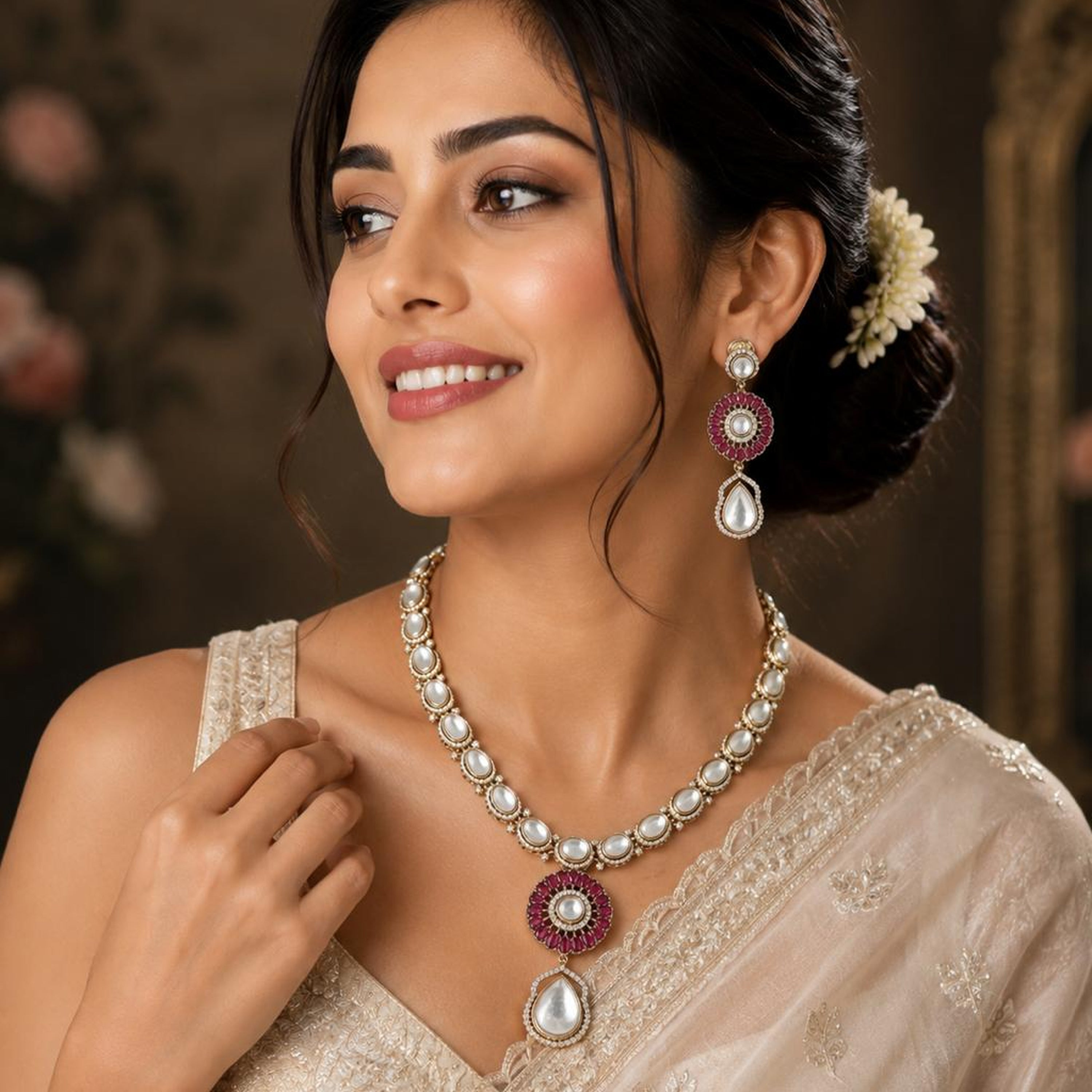 Elegant Ruby Kundan Teardrop Necklace Set