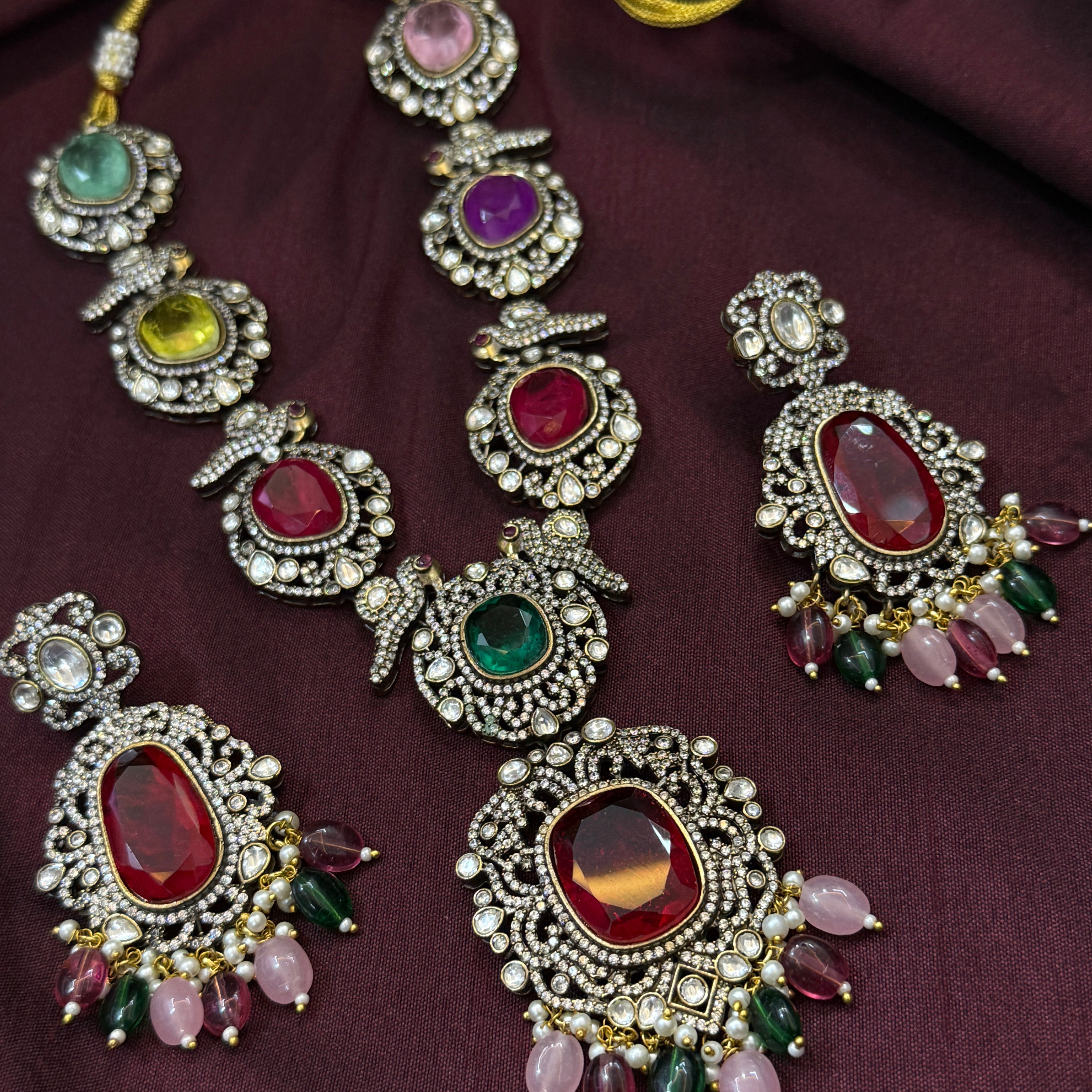 Royal Multicolour Kundan Necklace Set with Earrings