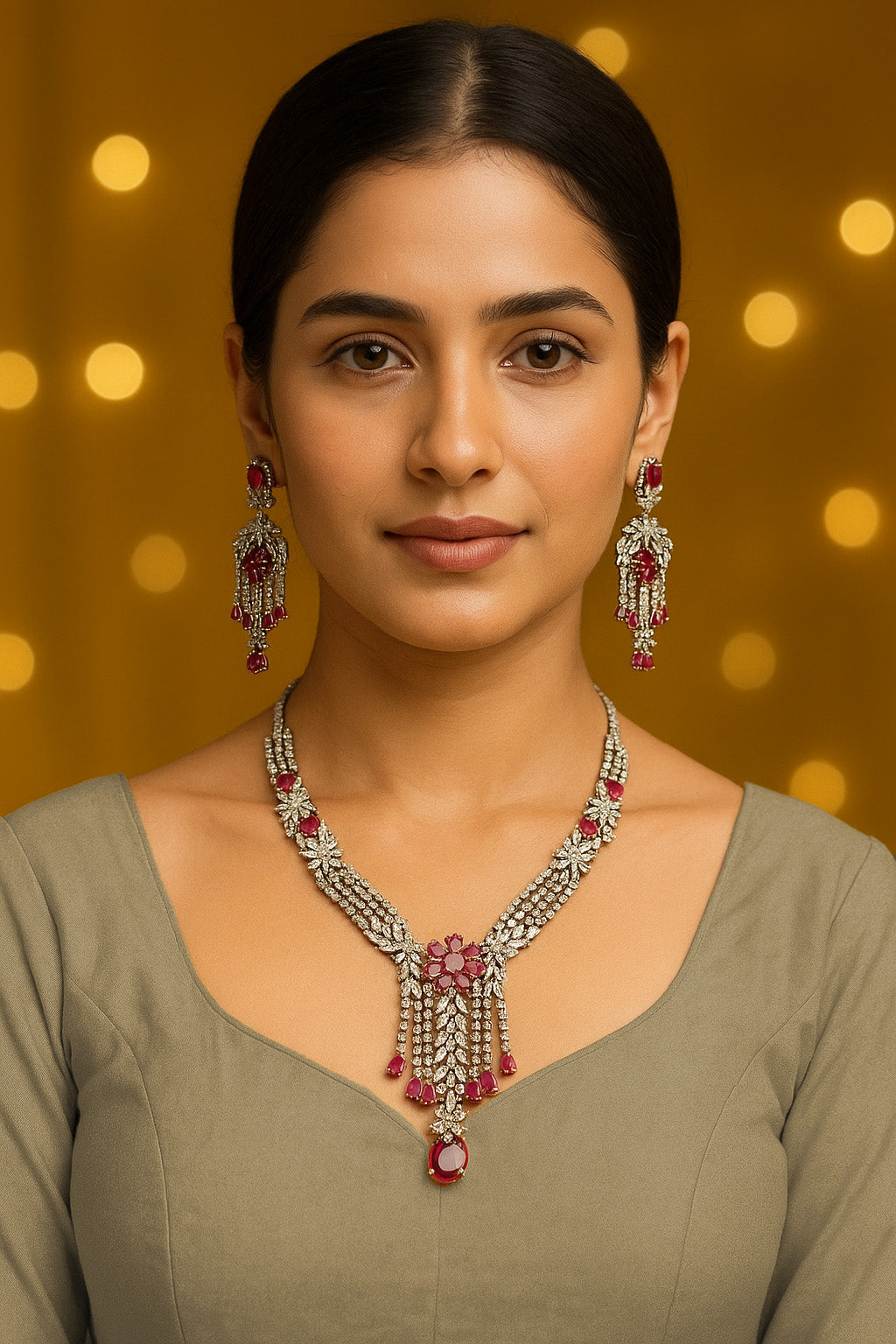 Mivanaa luxury Ruby Red CZ Stone Necklace Set