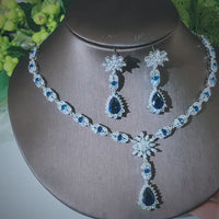 Blue Stone CZ Cubic Zircon 4pcs Set Necklace for Women Partywear & Wedding Jewelry