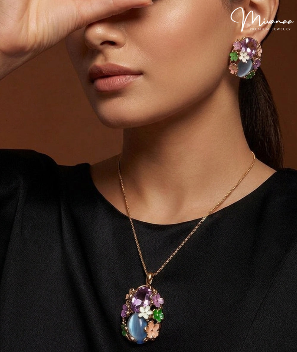 Luxury Floral  Multi Crystal Pendant  & Stud Earrings Set for Women