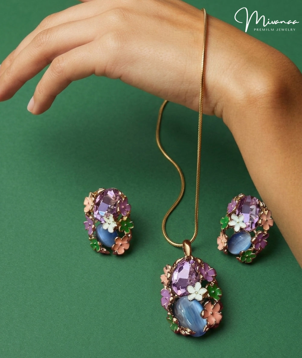 Luxury Floral  Multi Crystal Pendant  & Stud Earrings Set for Women
