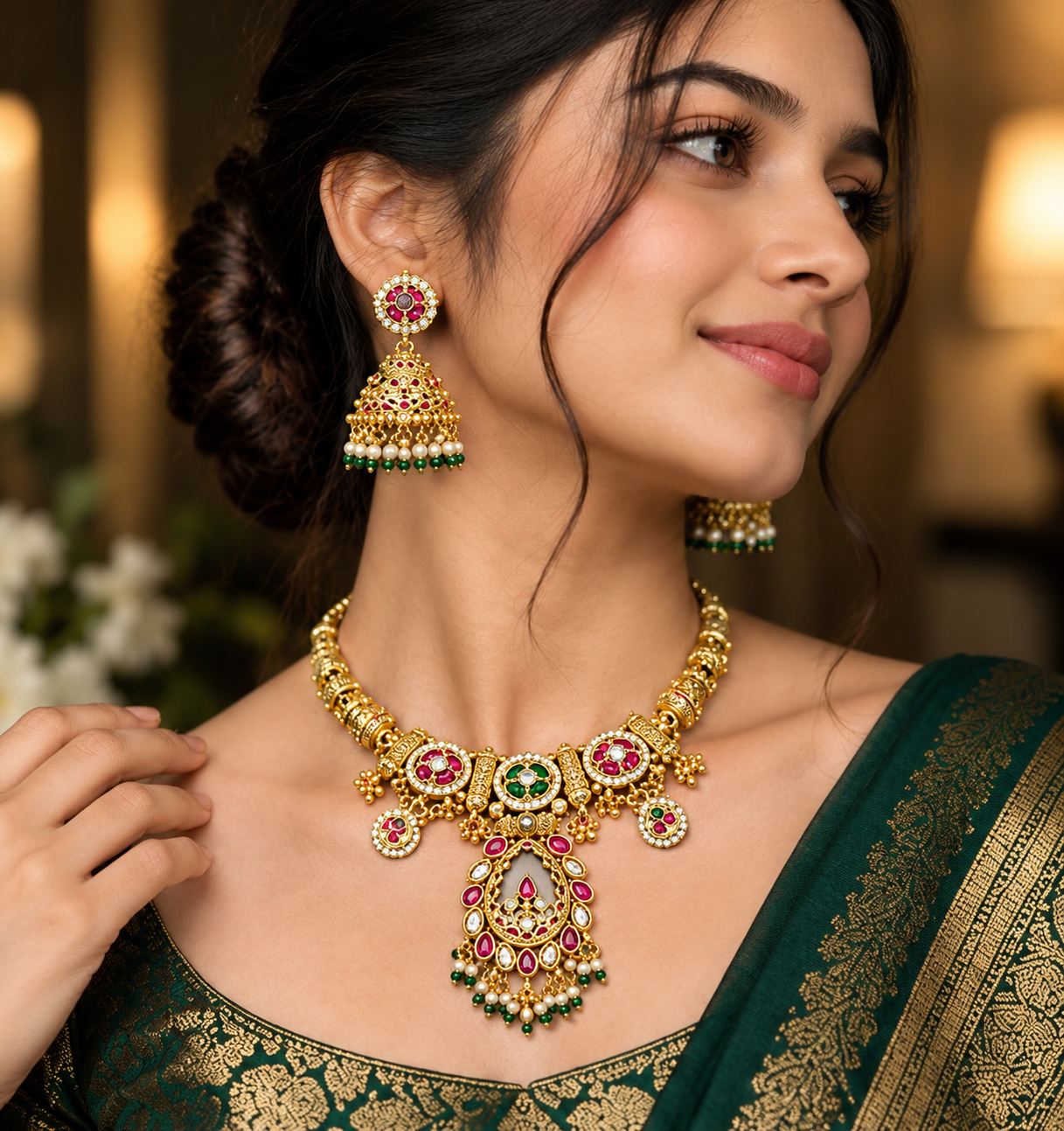 Traditional Multicolor Kundan Bridal Necklace Set with Jhumka Earrings